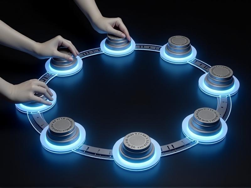 A step-by-step visual guide: a hand holding a demagnetizer near a tape head, slow circular motions, pulling away gradually, with soft blue light symbolizing magnetic field dissipation.