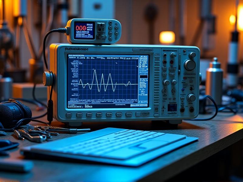 A high-tech workbench cluttered with equipment: a digital oscilloscope showing strobe light waveforms, a photometer connected via USB, and a laptop running calibration software. Warm ambient lighting contrasts with the cool blue hues of the strobe under test, reflecting off metallic tool surfaces.