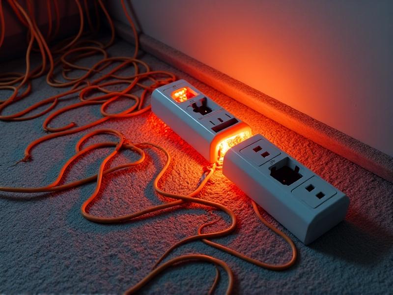 An overcrowded white power strip with multiple plugs inserted, surrounded by tangled orange and black cords on a carpeted floor, with a thermal overlay revealing red hotspots indicating dangerous heat buildup.