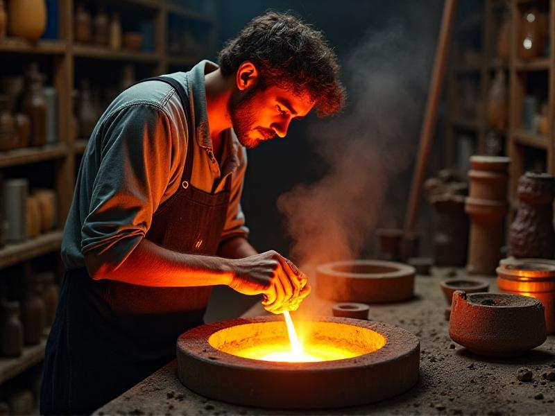 An artisan’s hands pouring molten bronze into a plaster mold for a doorknob, with sparks glowing in a dimly lit foundry. The image captures the raw energy of metalworking, with amber hues and smoky shadows highlighting the process.