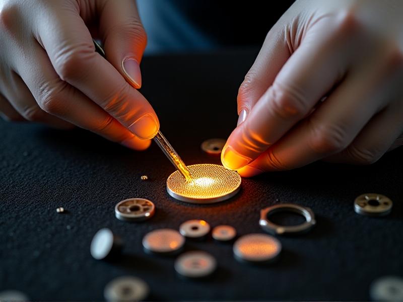 Close-up of a technician’s gloved hands using tweezers to adjust a fragile aluminum diaphragm under warm task lighting. The diaphragm glints with a honeycomb pattern, surrounded by disassembled driver parts on a black velvet mat.