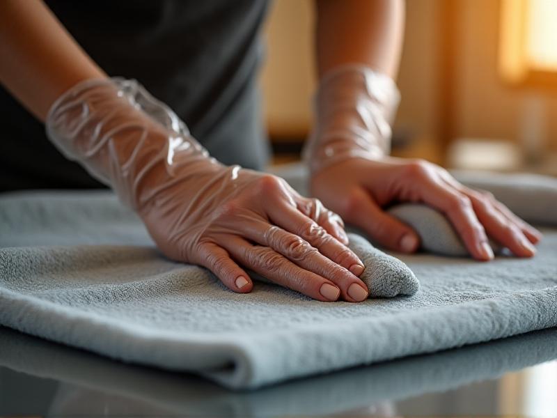 A person wearing rubber gloves gently scrubs a gray fabric grille with a white microfiber cloth and mild soapy water. Bubbles form on the surface as the cloth moves in circular motions, capturing the careful manual effort to avoid fabric stress. The grille rests on a towel-covered table in a well-lit kitchen setting.