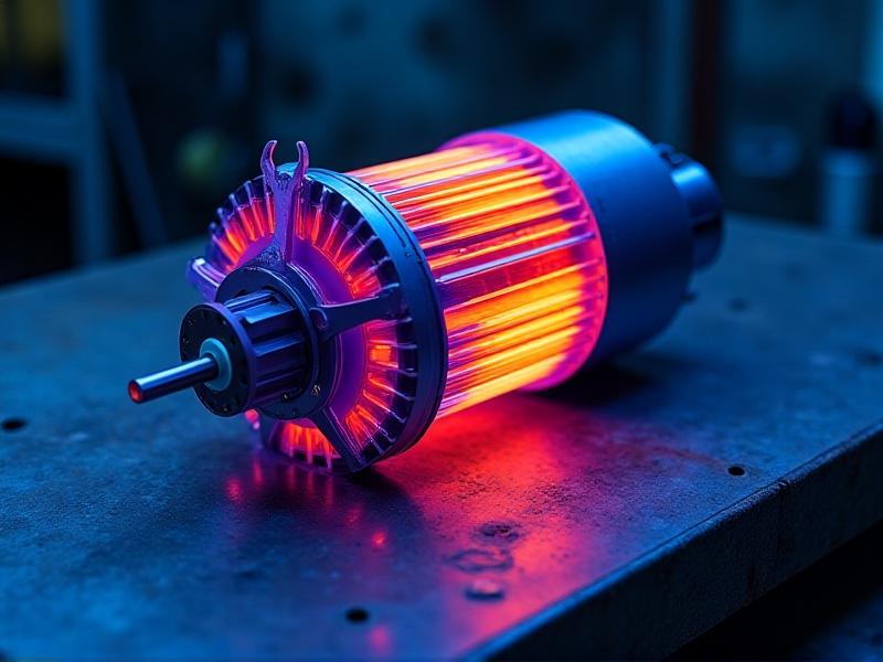 A thermal imaging camera captures a motor's heat distribution, showing gradient colors from blue (cool) to red (hot). The motor is partially disassembled, revealing copper windings. The workspace is dimly lit, emphasizing the thermal overlay.
