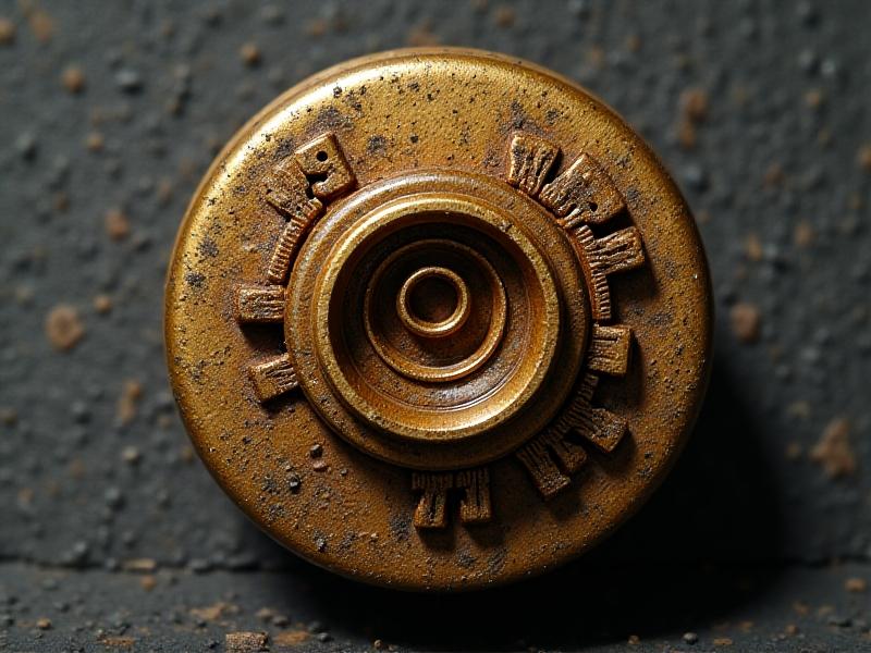 A detailed technical illustration of a vintage radio knob's internal mechanics, highlighting rusted springs, worn teeth, and a textured brass shaft under stark studio lighting, rendered in a schematic style.