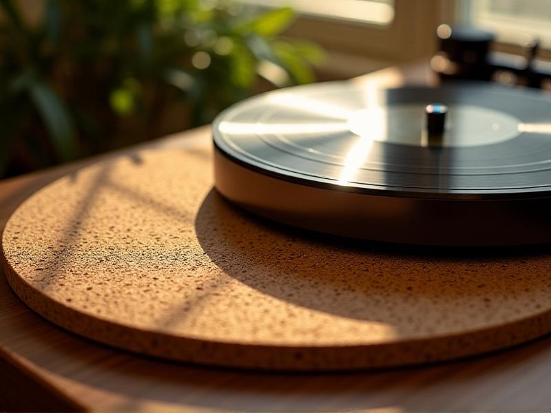 Close-up of a cork mat with organic texture beneath a walnut-wood turntable, soft daylight casting subtle shadows on its honeycomb surface in a cozy listening room.