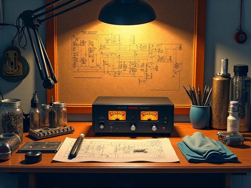A well-organized repair bench with antistatic gloves, precision screwdrivers, and a glass jar holding spare VU meter needles. The workspace is illuminated by a warm desk lamp, casting sharp shadows on a schematic diagram pinned to a corkboard. A pair of calibrated tweezers holds a delicate needle mid-installation.