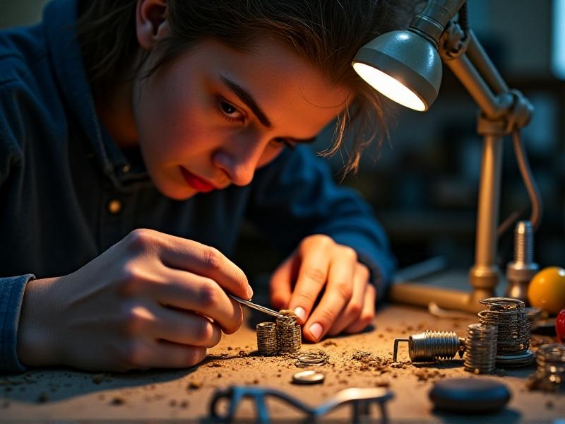 A technician’s hands using tweezers to adjust a cassette door spring under a magnifying lamp. The workspace is cluttered with screwdrivers, pliers, and spare springs, illuminated by warm task lighting. The focus is on the intricate manipulation of the spring, conveying meticulous repair work.