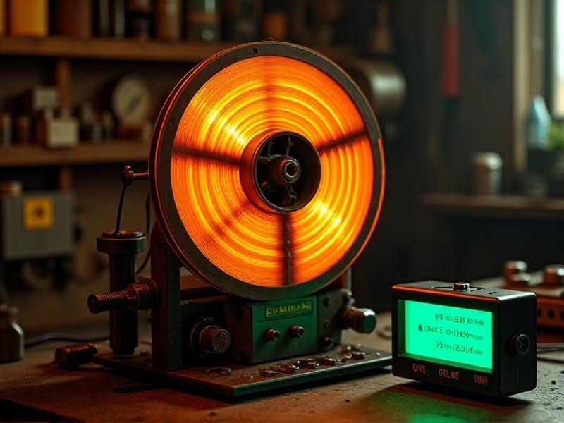 A strobe disc placed on a tape machine's capstan, illuminated by a flickering orange LED light. Beside it lies a digital tachometer with a glowing green display. The scene is captured in a dimly lit workshop, with tools scattered in the background, evoking a focus on meticulous measurement and retro technology.