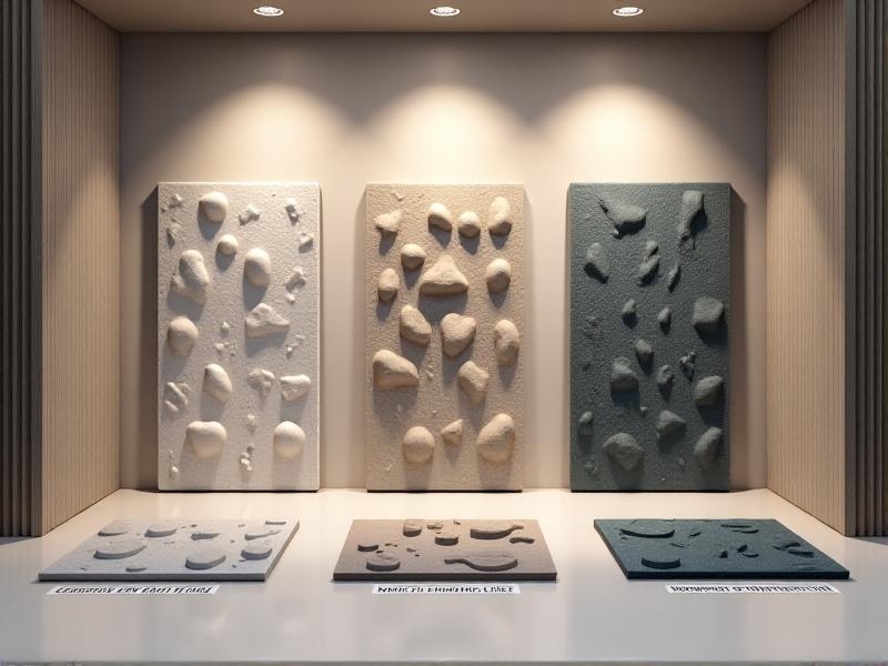 Side-by-side comparison of acoustic foam panels, MLV sheets, and composite damping mats in a studio setting. Labels indicate texture and thickness, rendered photorealistically with soft shadows and neutral lighting.
