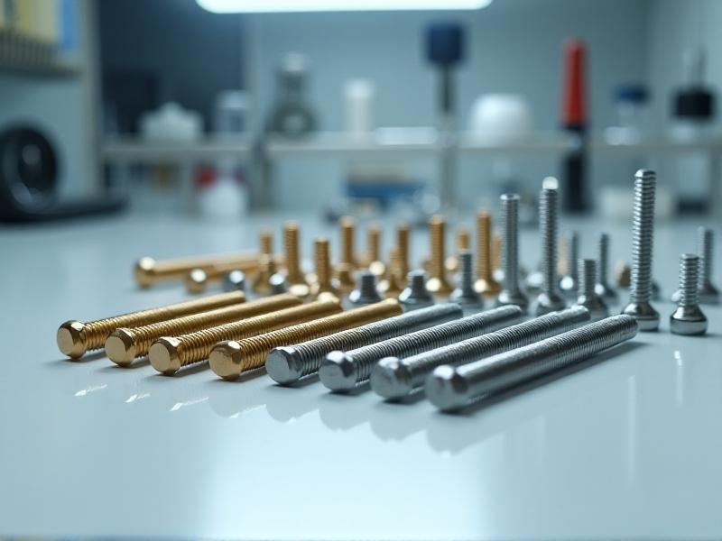 An array of coated screws arranged on a laboratory bench, each showing different finishes—gold zinc, black oxide, and silvery ceramic. Glossy textures contrast with matte tools in the background. Soft white lab lighting highlights the precision application of coatings.