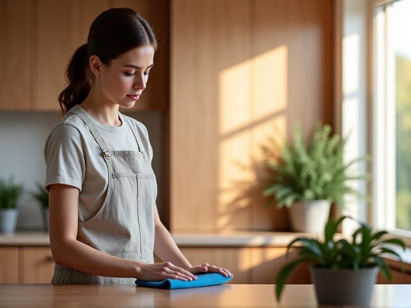 A person in a modern kitchen using a soft blue microfiber cloth to clean a walnut-toned cabinet veneer. Soft daylight streams through a window, casting warm reflections on the smooth surface. The image conveys safe cleaning practices with focus on material-friendly tools and techniques.