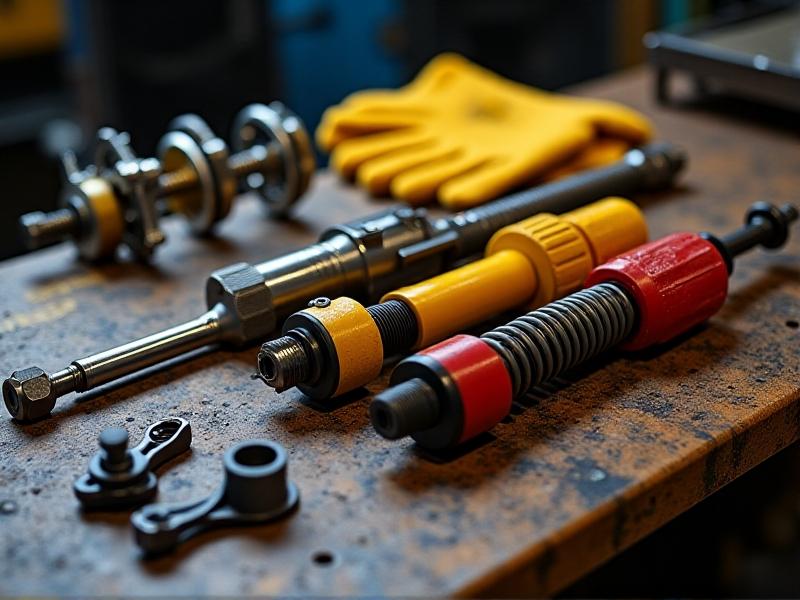 A well-organized toolkit for suspension rebuilding: a silver torque wrench set to 100 Nm, yellow spring compressor clamped around a coil spring, and a red ball joint separator on a greasy workbench. Rubber gloves and safety goggles rest nearby under bright workshop lighting.