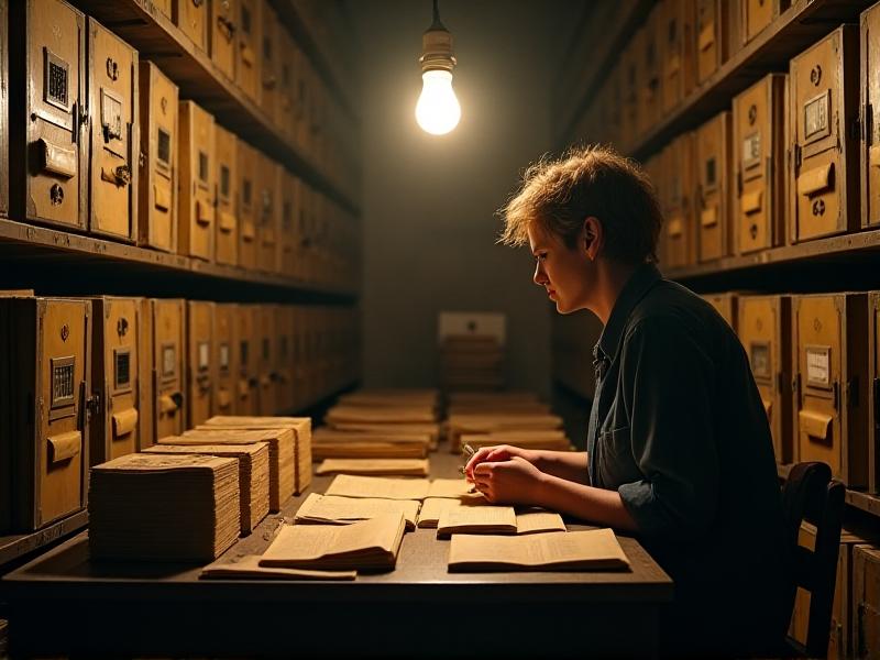 A researcher in a storage room examines yellowed technical manuals under a single hanging bulb. Shelves stacked with dusty folders and metal filing cabinets create a muted, sepia-toned atmosphere.