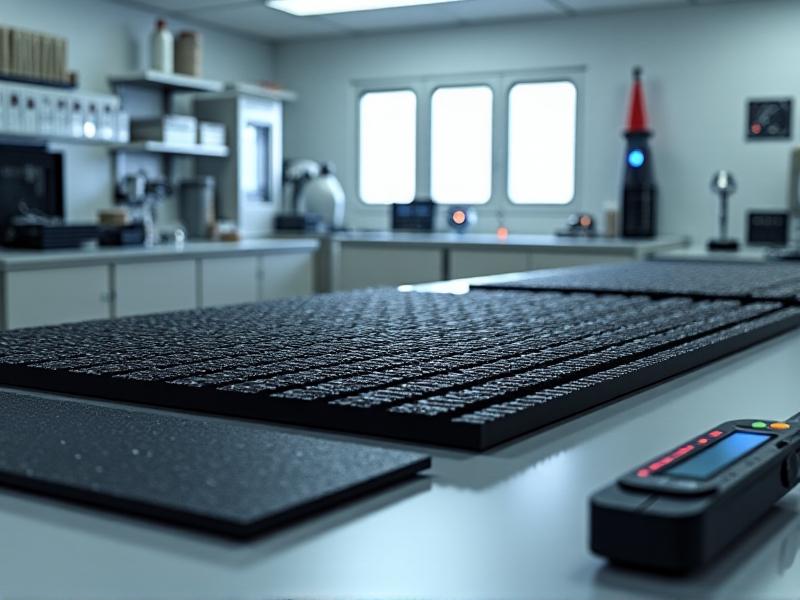 A sleek carbon-fiber baffle board with a woven texture, displayed in a laboratory setting under bright white lights. The image highlights the material's lightweight structure and advanced engineering, with a humidity gauge and digital caliper nearby for measurement. Keywords: carbon fiber, warp-resistant materials, engineering innovation.