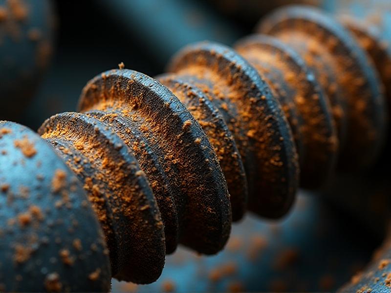 A heavily corroded screw thread in a rusty chassis component, captured in a gritty, high-detail close-up. Orange-brown rust covers uneven ridges, with flakes peeling to reveal pitted metal beneath. Dim workshop lighting casts deep shadows, evoking neglect and environmental exposure.