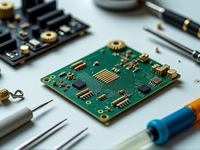An organized repair bench with a partially reassembled cassette deck. Tools include tweezers, a brass gear set, a syringe of silicone grease, and a magnifying lamp. The deck’s mainboard shows green circuit traces and gold connectors. Lighting is bright and clinical, with a clean white backdrop. Style: hyper-realistic studio shot with vibrant colors and crisp details.