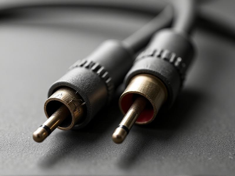 A close-up of a frayed vintage RCA cable with cracked insulation, exposed copper wiring, and oxidized connectors. The red and white plastic tips show discoloration, emphasizing wear from decades of use.