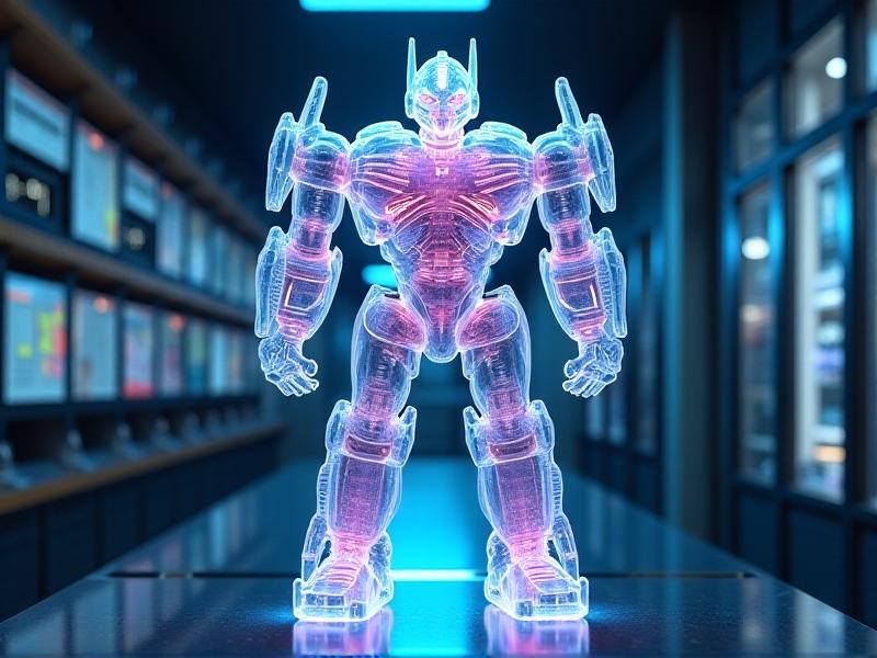 A futuristic transparent hologram of a transformer, with glowing energy pathways and dynamic real-time impedance adjustments displayed via augmented reality overlays. The cyberpunk-inspired design features neon blue and purple accents against a dark, high-tech laboratory backdrop.