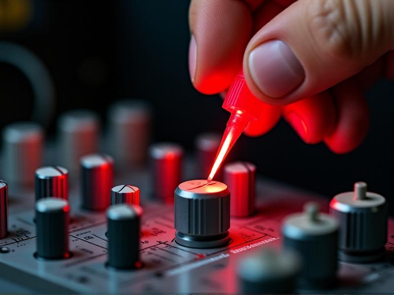 A technician’s hand sprays Deoxit into a control pot’s crevices, with the red applicator straw angled precisely. The spray mist glistens under focused task lighting, highlighting the pot’s metallic surface. A partially disassembled audio mixer sits in the background, underscoring real-world application.