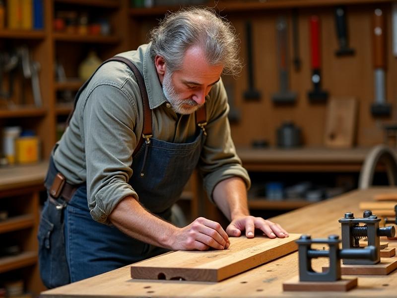 A carpenter using steel clamps and wooden blocks to flatten a warped baffle board on a workshop bench. The image features warm tungsten lighting, scattered woodworking tools, and a focus on the pressure points applied to the board. Keywords: woodworking, warp correction, mechanical clamping.