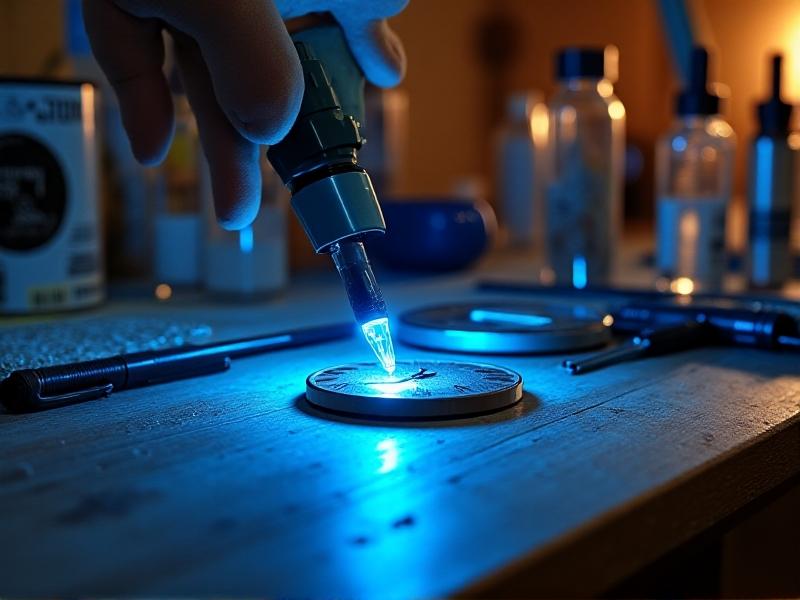 A UV adhesive kit open on a workbench, featuring a UV light pen, syringe of resin, and protective gloves. The watch dial glows under blue UV light, with resin visibly filling the crack in a cluttered workshop setting.
