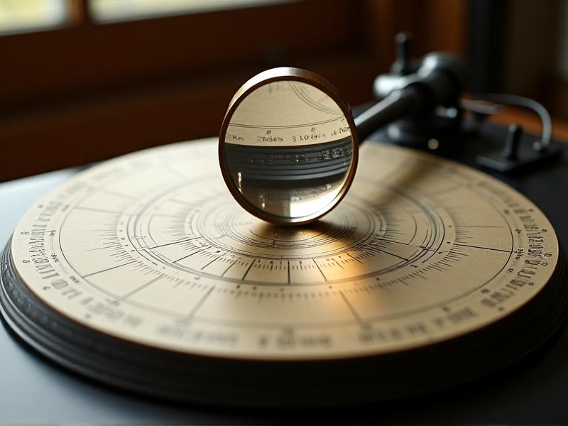 A vintage Baerwald alignment protractor placed on a Technics SL-1200 turntable platter, with a magnifying glass hovering above to inspect cartridge position. Natural light from a nearby window casts soft shadows on the graph paper surface, emphasizing precision. The turntable's strobe dots are visible, anchoring the image in 1970s hi-fi culture.