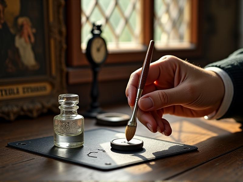 A hand applies clear nail polish to a watch dial crack using a fine brush. The workspace includes a glass bottle of polish, cotton swabs, and a well-lit rustic table with sunlight streaming through a window.