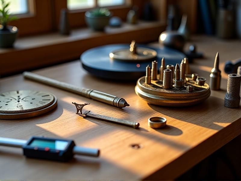 A meticulously organized workbench with vintage turntable tools: jeweler’s screwdrivers, brass polishing cloths, a digital caliper, and a disassembled counterweight. Soft daylight highlights textures, creating a focused, workshop-ready ambiance.