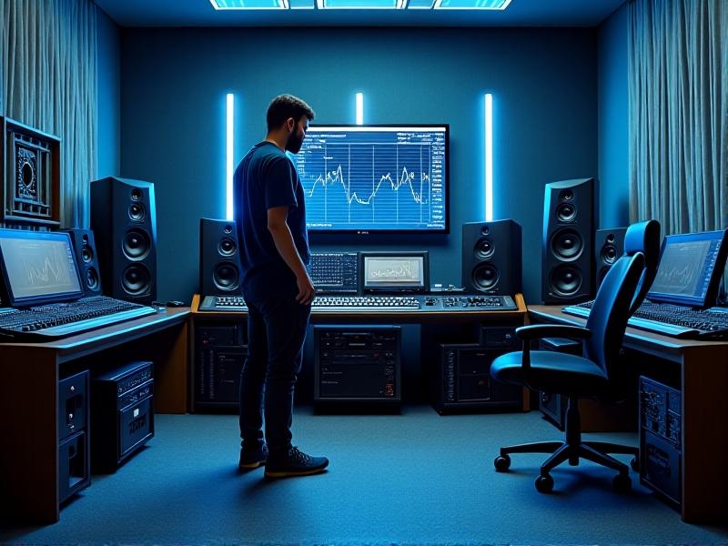 An audio engineer in a studio adjusting a refilled speaker system, with a spectrum analyzer display showing a balanced frequency response. The room features soundproofing panels and mixing consoles, bathed in cool-toned LED lighting, symbolizing professional-grade acoustic care.