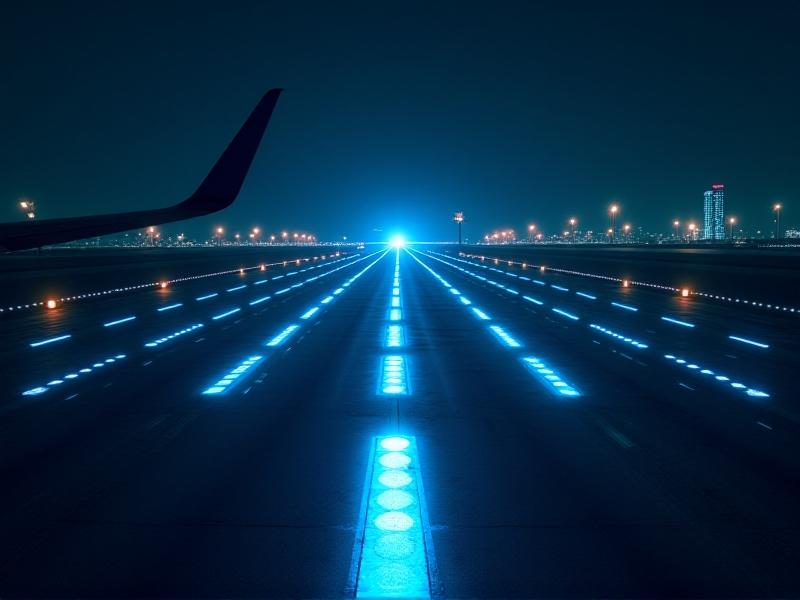 A nighttime aerial view of an airport runway with strobe lights flashing in precise intervals. The lights form parallel lines of vivid white and blue against a dark asphalt backdrop, with an airplane’s wingtip visible in the foreground. Distant control tower lights glow softly in the background.