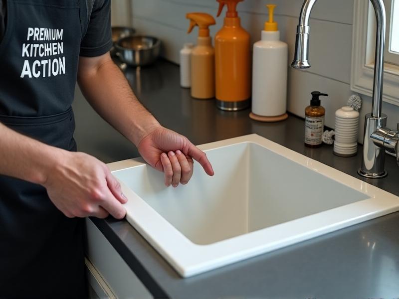 A pair of hands installing a glossy white PVC liner into a kitchen cabinet under a stainless-steel sink, with visible plumbing pipes and cleaning supplies nearby. The image focuses on precision and practicality in moisture-prone environments.