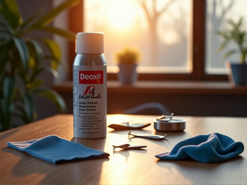 An organized workspace with Deoxit D5 spray, silver tweezers, blue microfiber cloths, and a precision brush on a wooden table. Soft daylight streams through a window, casting mild shadows. The composition emphasizes readiness and professionalism, with labels on the Deoxit can clearly visible.