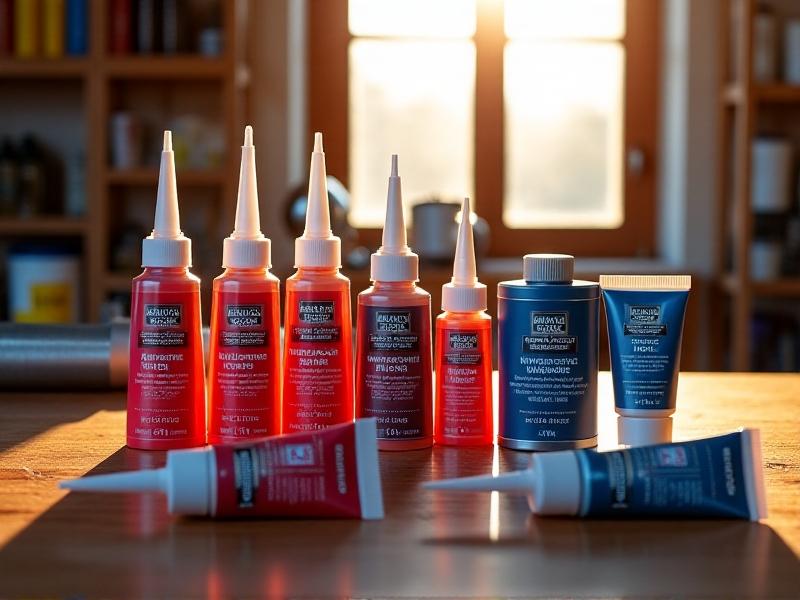 A neatly arranged collection of lubrication products on a wooden workbench: silicone grease tubes, lithium grease tubs, and precision oil applicators. Labels are legible, with red and blue packaging contrasting against natural wood. Soft daylight streams through a window in the background.