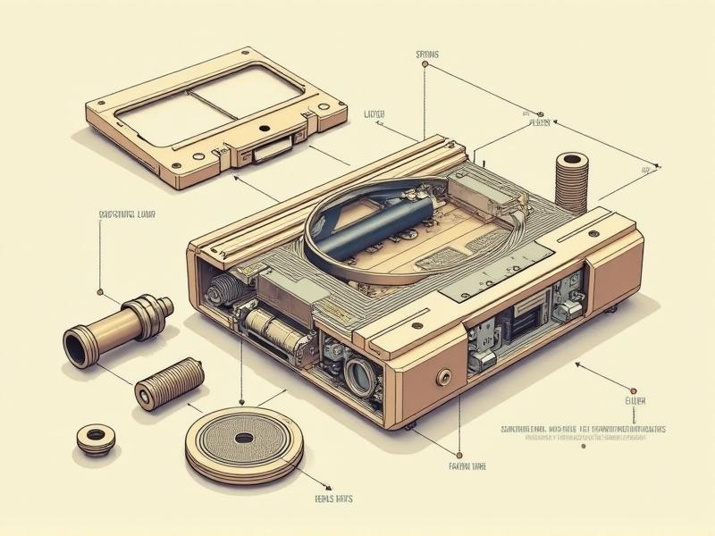 An exploded diagram of a cassette player door mechanism in a retro technical illustration style. Each component—spring, hinge, latch, and door—is labeled with white text against a cream-colored background. The art style mimics 1980s repair manuals, with precise linework and muted pastel accents.