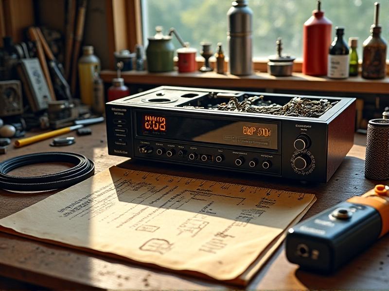 A cluttered workbench with a disassembled cassette deck, capstan belt stretched beside a ruler, and a demagnetizer coil plugged into an outlet. Natural daylight streams through a nearby window, casting sharp shadows on scattered screws and a handwritten maintenance log with coffee stains.