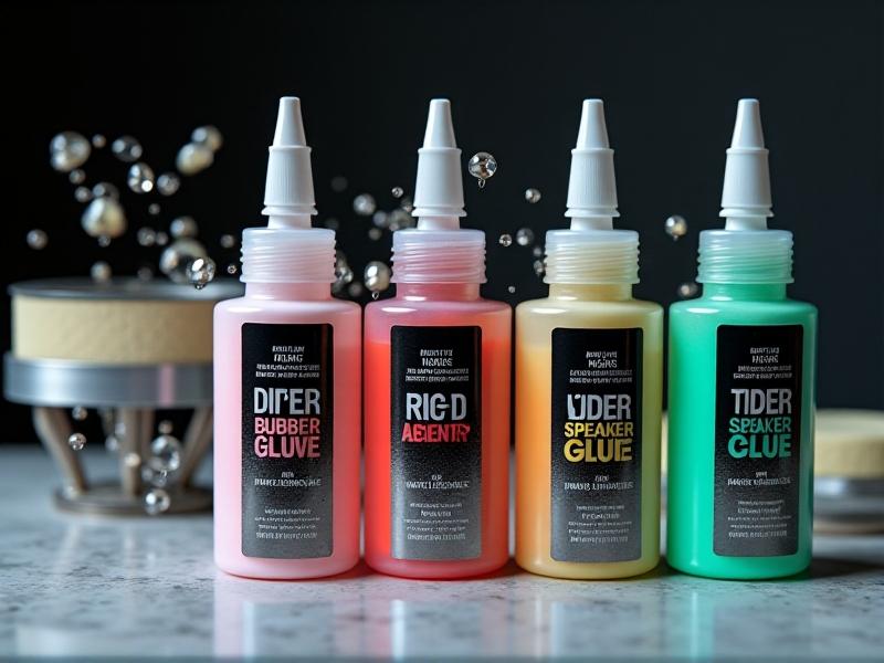 Three adhesive bottles labeled 'Rubber Cement,' 'Acrylic Speaker Glue,' and 'Water-Based' displayed side-by-side on a marble surface. A foam surround fragment is glued to a metal speaker frame in the background, with droplets of glue visible under bright, focused lighting.