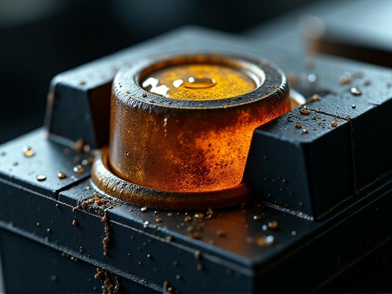 A cross-sectional view of a car battery with visible electrolyte leakage around the terminal cup, showing yellow-brown acid streaks on black plastic casing. Moisture droplets and oxidation patterns highlight the interaction between leaked fluid and metal components under a dim garage light.