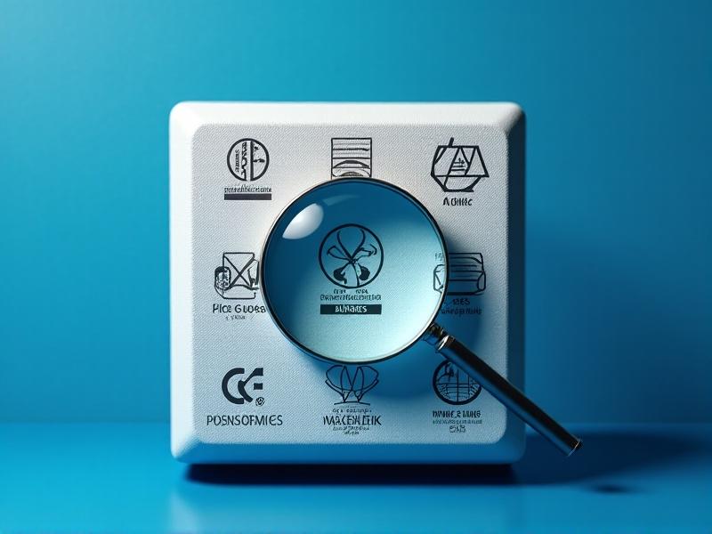 Collage of international safety labels including UL, CE, and PSE marks displayed on product packaging against a blue background, with magnifying glass highlighting tiny certification details.