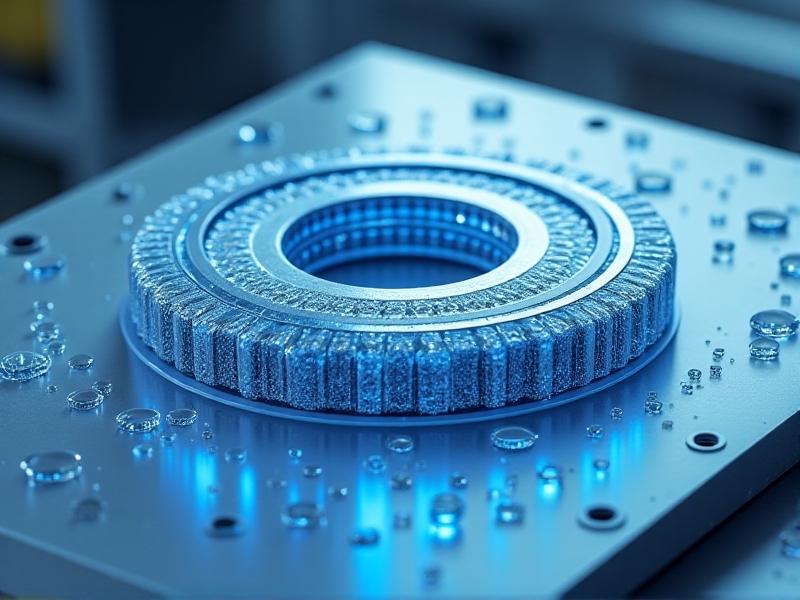A cutaway view of a self-lubricating platter bearing with embedded PTFE particles, displayed in a cleanroom setting. Soft blue lighting highlights the bearing's composite structure, with microscopic inset images showing lubricant particles dispersing during rotation.