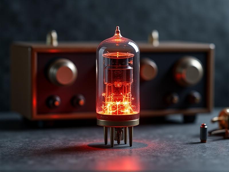 A newly manufactured rectifier tube with pristine glass and polished metal pins, displayed beside a vintage amplifier. Bright studio lighting reflects off the tube’s smooth surface, with vibrant red and orange accents contrasting against a neutral gray backdrop.