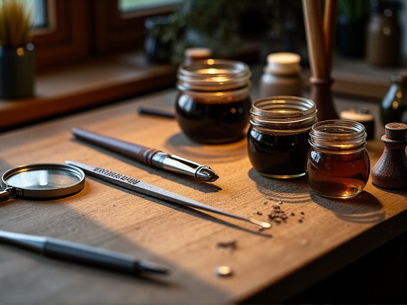 An organized array of restoration tools: steel tweezers, glass jars of solvent, sable brushes, and a magnifying lens on a wooden workbench. Warm, directional lighting emphasizes texture and functionality.