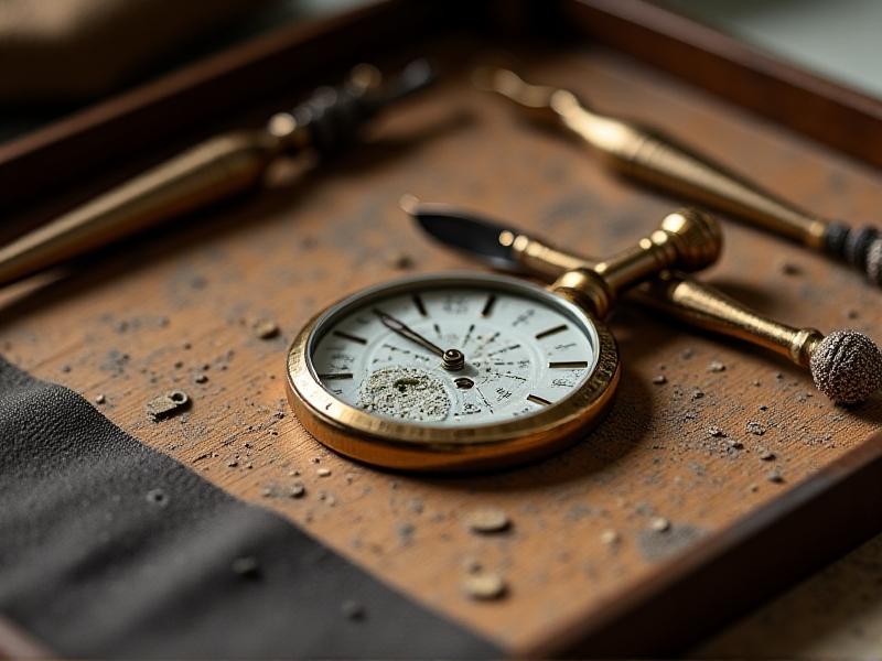 A magnifying glass rests on a cracked watch dial surrounded by repair tools: tweezers, microfiber cloth, and a LED flashlight. The workspace is organized on a wooden table, with soft natural light emphasizing texture and tool details.