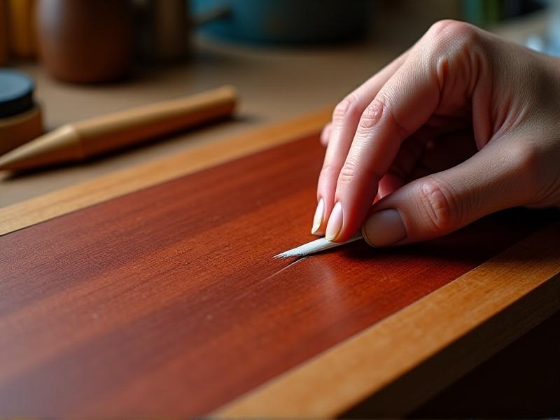 Close-up of a hand applying wood filler to a deep scratch on cherry-red cabinet veneer. Tools include a putty knife, sandpaper, and a color-matched filler stick. Warm task lighting highlights the repair process, emphasizing precision and material compatibility.