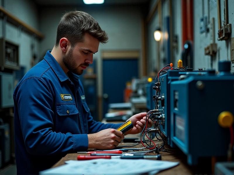 A technician in a blue uniform using a digital multimeter to test voltage in an auto-return motor control panel, surrounded by tools and schematics in a dimly lit garage with focused mood lighting.