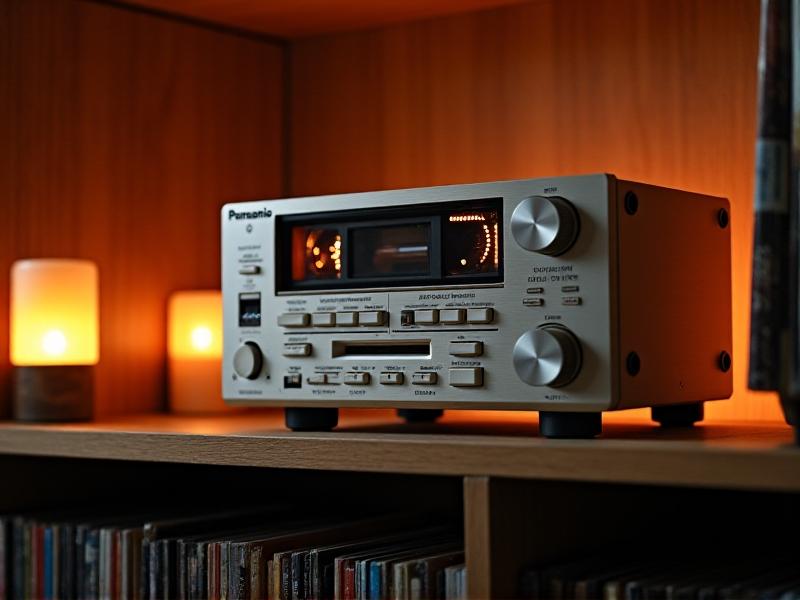 A retro Panasonic cassette deck from the 1980s with a silver brushed-metal faceplate, illuminated LED indicators, and an open tape compartment revealing a rotating spool. The deck sits on a wooden shelf beside vinyl records, bathed in warm amber light evoking nostalgia. The style is vintage consumer electronics with soft focus and muted earthy tones.
