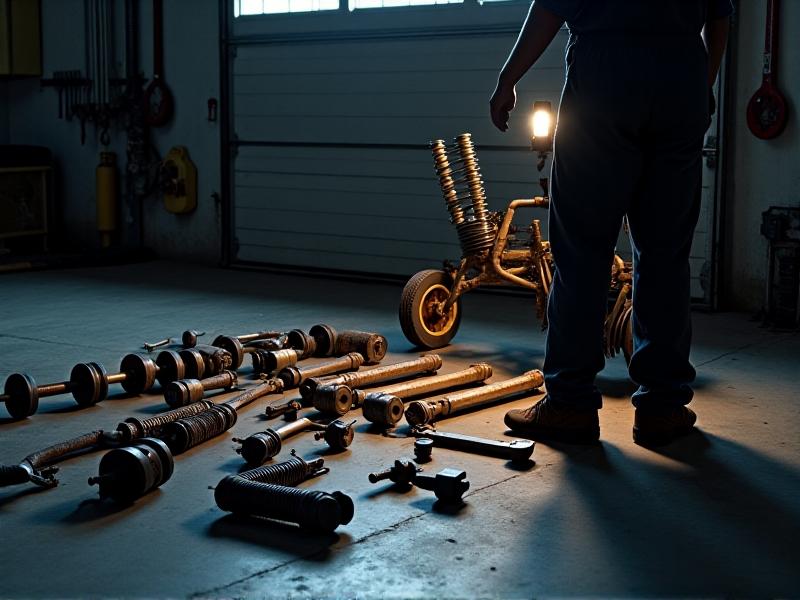 A disassembled SUV front suspension laid out on a garage floor. Rusty control arms, a cracked rubber bushing, and a leaking shock absorber sit beside new replacement parts. A mechanic's shadow appears on the concrete, holding a digital caliper to measure a spring.
