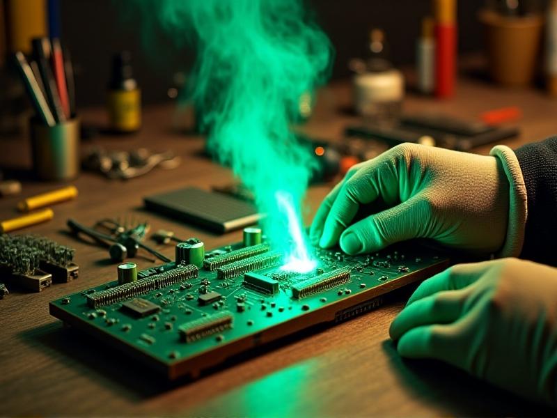 Hands wearing anti-static gloves using a soldering iron to replace a capacitor on a vintage crossover board, neon-green flux smoke rising, organized toolkit with labeled components in background, warm workshop lighting.