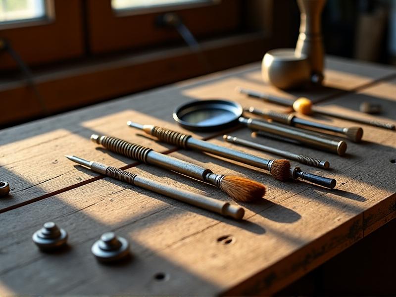 An organized array of specialized tools for horn driver maintenance, including anti-static brushes, miniature screwdrivers, and a jeweler’s loupe. Arranged on a weathered wooden workbench with soft natural light casting subtle shadows, evoking a workshop environment.