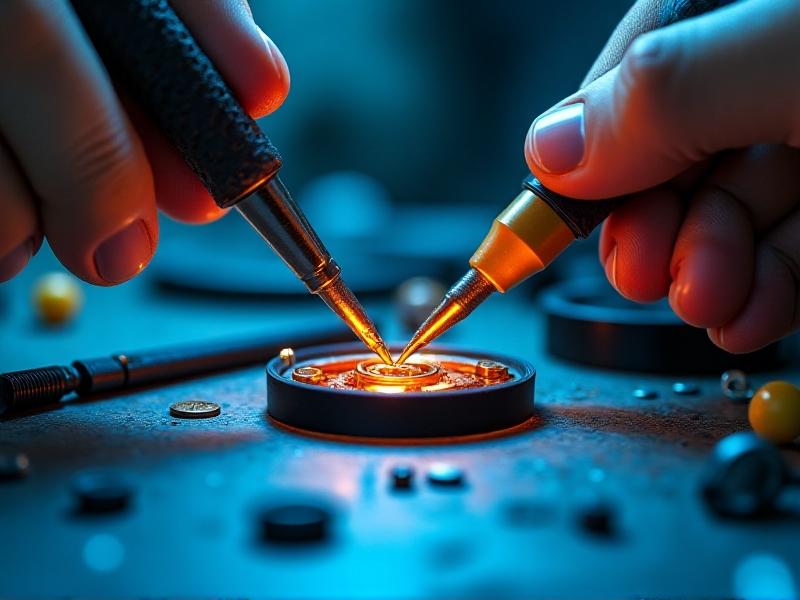 Close-up of a technician’s hands using a multimeter to test a solenoid coil on a disassembled auto-reverse mechanism. Components include a frayed black rubber belt, a copper-colored coil, and a set of precision screwdrivers. The workspace is cluttered with schematics and spare parts under bright task lighting. Style: high-detail macro photography with sharp focus and cool blue tones contrasting with warm tool handles.