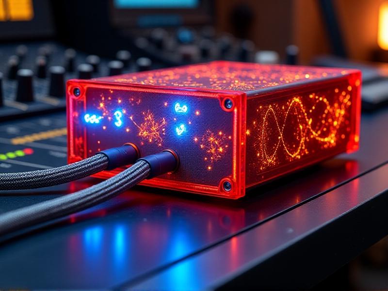 A rack-mounted isolation transformer unit with glowing blue LED indicators, connected via braided silver cables to a mixing console. The transformer's internal coils are visible through a transparent red housing, surrounded by orange electrical sparks representing noise isolation.